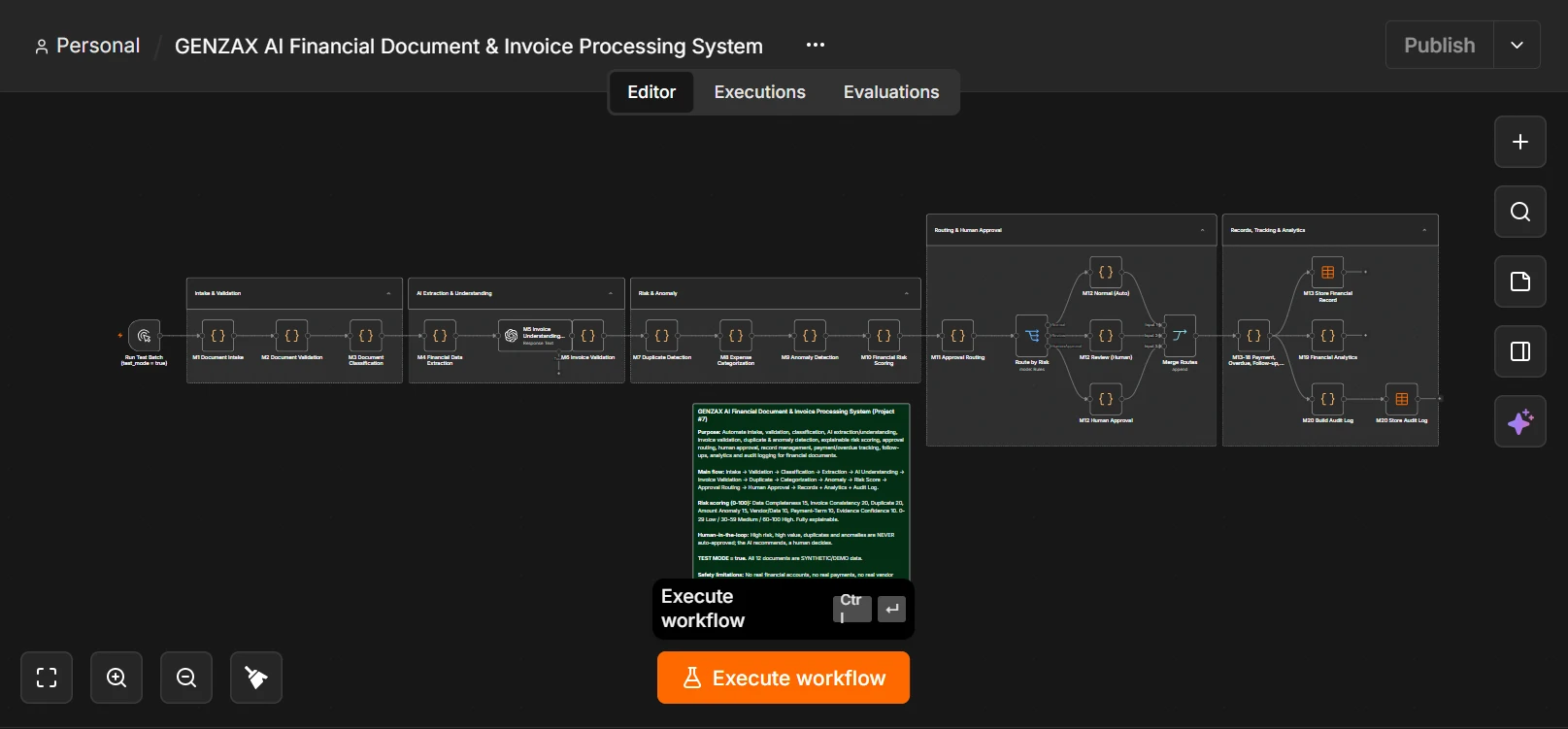 n8n workflow canvas for the financial document and invoice processing system