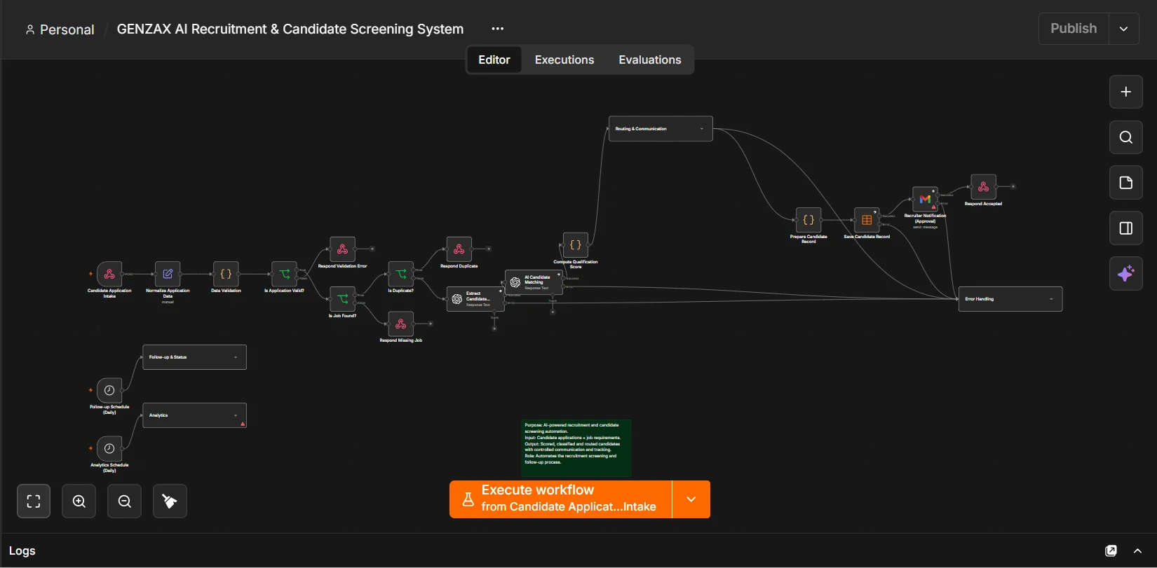n8n workflow canvas for the recruitment and candidate screening system