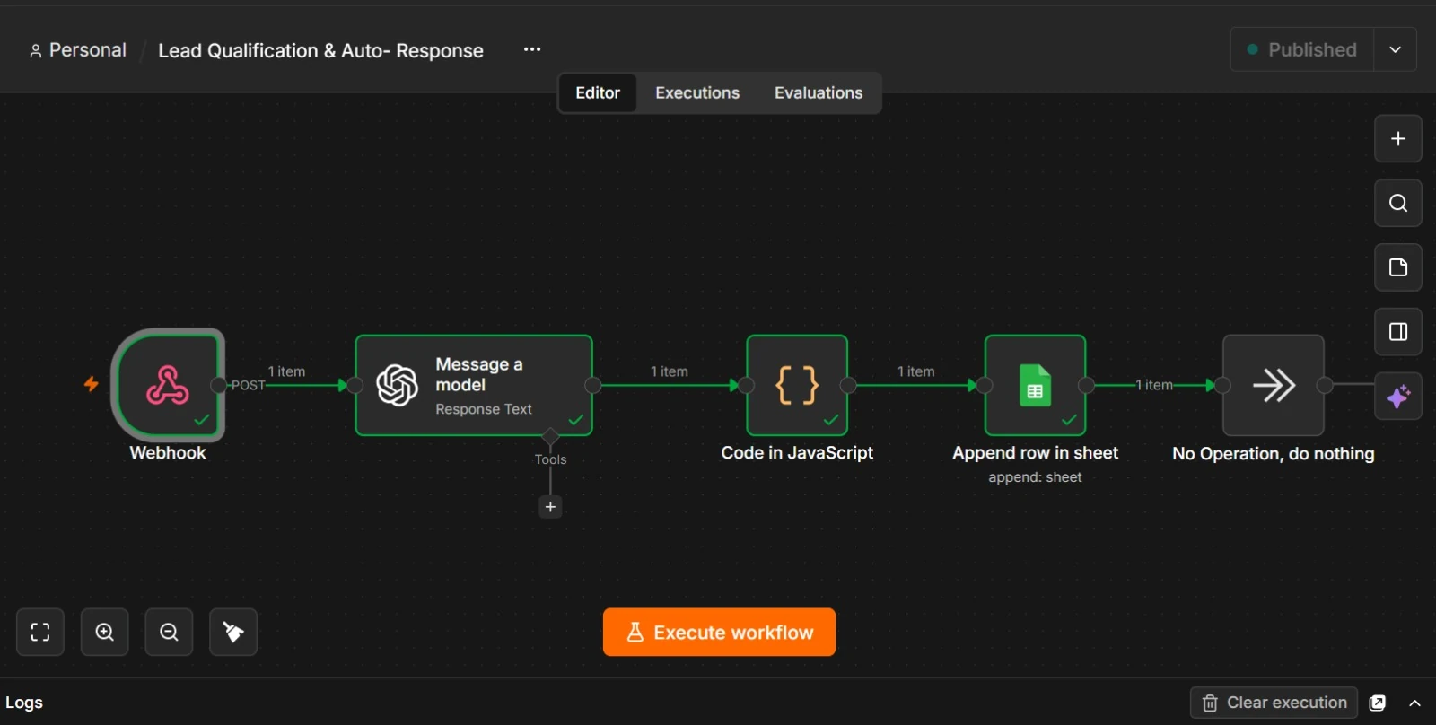n8n workflow canvas for the lead qualification and auto-response automation