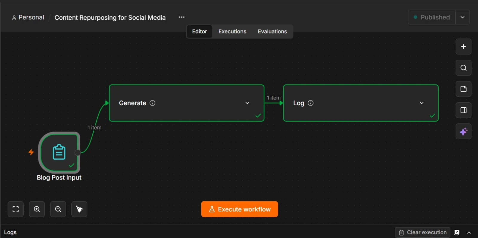 n8n workflow canvas for the content repurposing automation